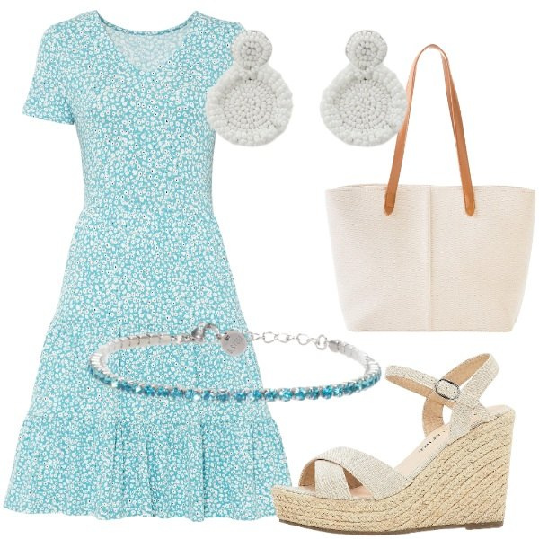 Outfit donna - Outifit di luglio. Stile Casual per Tutti i giorni. Abbinamento con vestiti, shopping bag, sandali, braccialetti, orecchini.