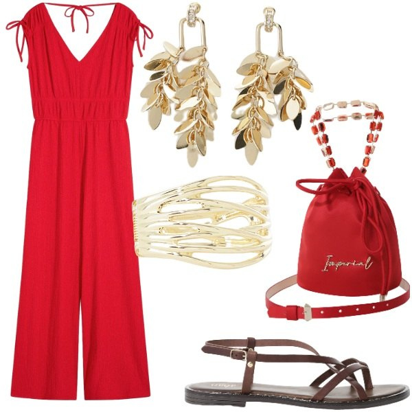 Outfit donna - A cena a casa di amici. Stile Casual chic per Serata fuori. Abbinamento con tute, borse a secchiello, braccialetti, sandali, orecchini.