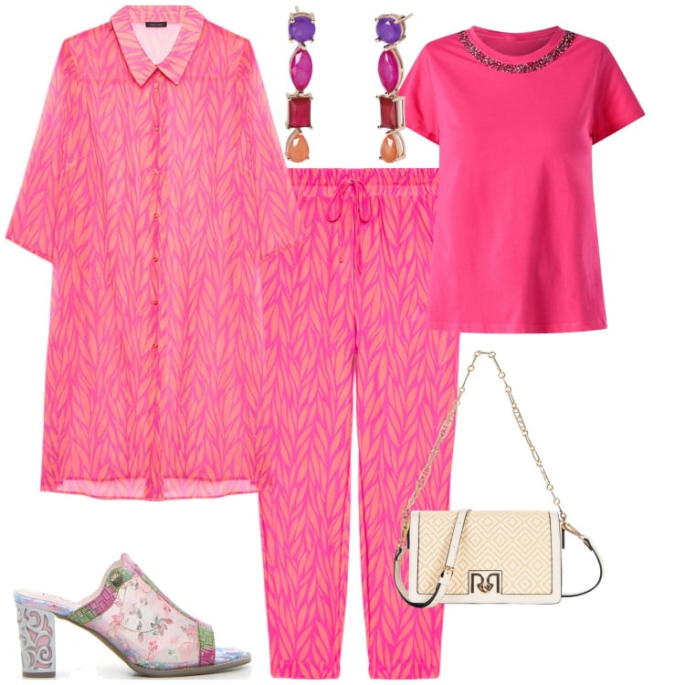 Outfit donna - Total look #2200637. Stile Chic per Serata fuori. Abbinamento con orecchini, t-shirt, borse a tracolla, caftani, pantaloni, sabot.