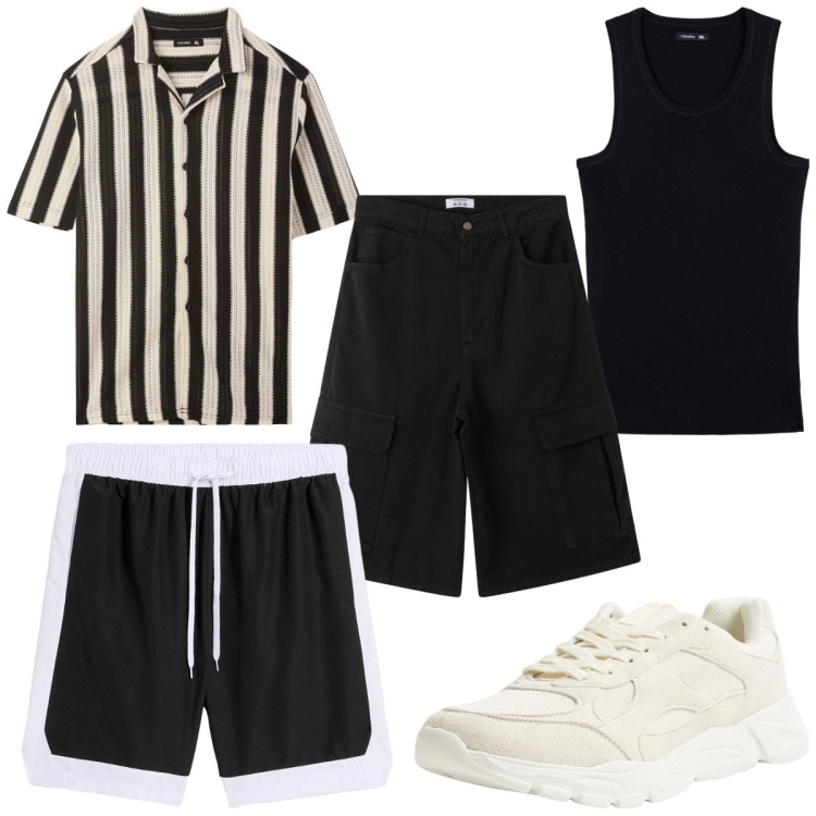 Outfit uomo - Total look #2200638. Stile Trendy per Mare. Abbinamento con costumi, camicie a manica corta, canottiere, bermuda, sneakers.