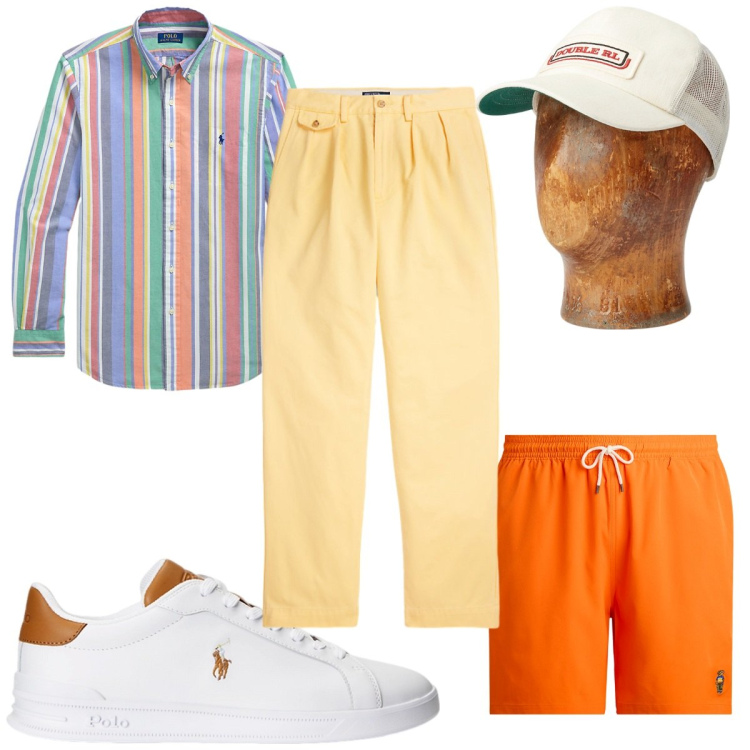 Outfit uomo - Total look #2200639. Stile Trendy per Mare. Abbinamento con sneakers, cappelli, costumi, pantaloni, camicie.