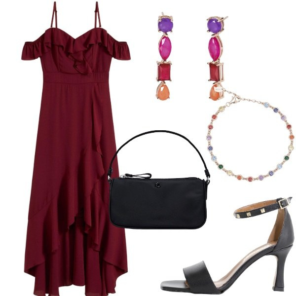 Outfit donna - A cena fuori. Stile Casual chic per Serata fuori. Abbinamento con vestiti, braccialetti, orecchini, sandali col tacco, pochette.