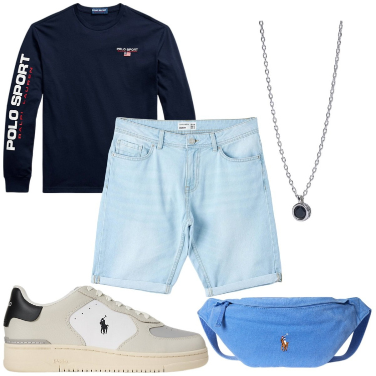 Outfit uomo - Total look #2200641. Stile Urban per Tutti i giorni. Abbinamento con bermuda, collane, t-shirt, sneakers, borse sportive.