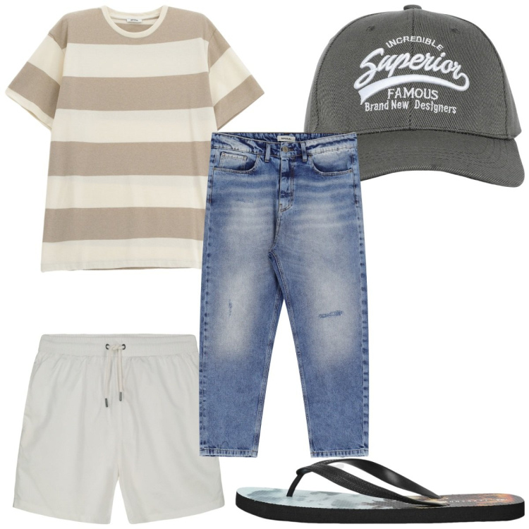 Outfit uomo - Total look #2200643. Stile Trendy per Mare. Abbinamento con cappelli con visiera, sandali, jeans, t-shirt, costumi.