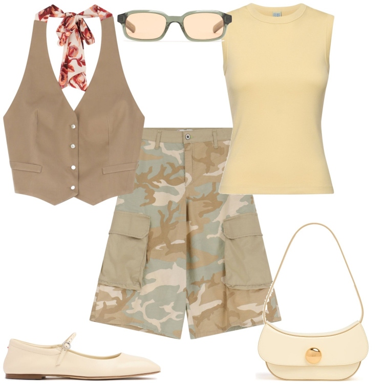 Outfit donna - Total look #2200645. Stile Trendy per Tutti i giorni. Abbinamento con bermuda, top, sandali in pelle, occhiali da sole, canottiere, borse a spalla.