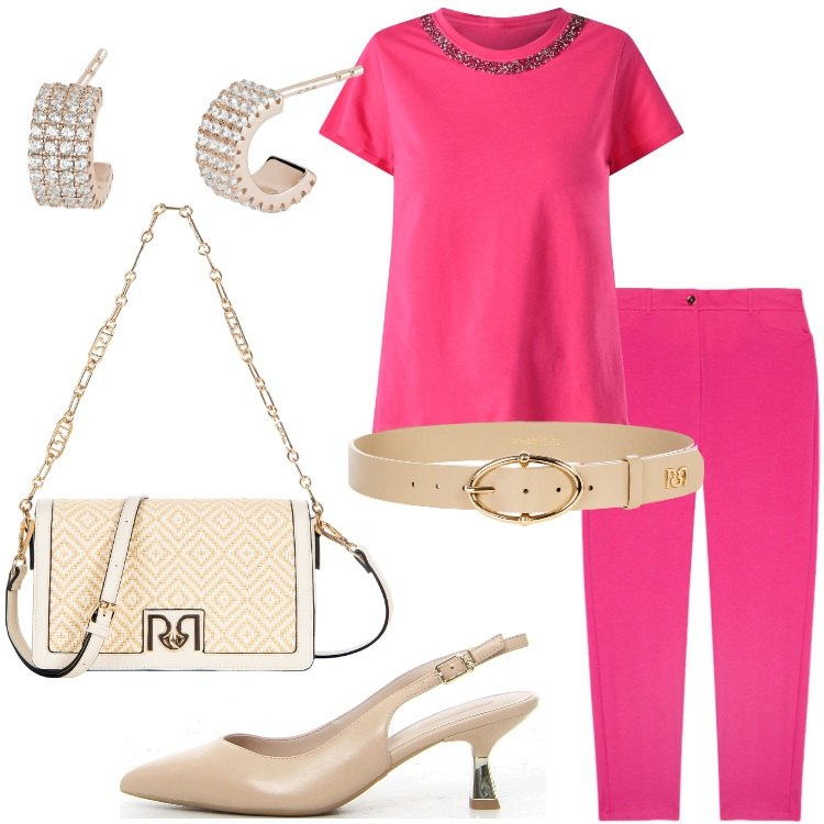 Outfit donna - Colori vivaci e tropicali. Stile Chic per Serata fuori. Abbinamento con orecchini, cinture, t-shirt, borse a tracolla, pantaloni chino, décolleté.