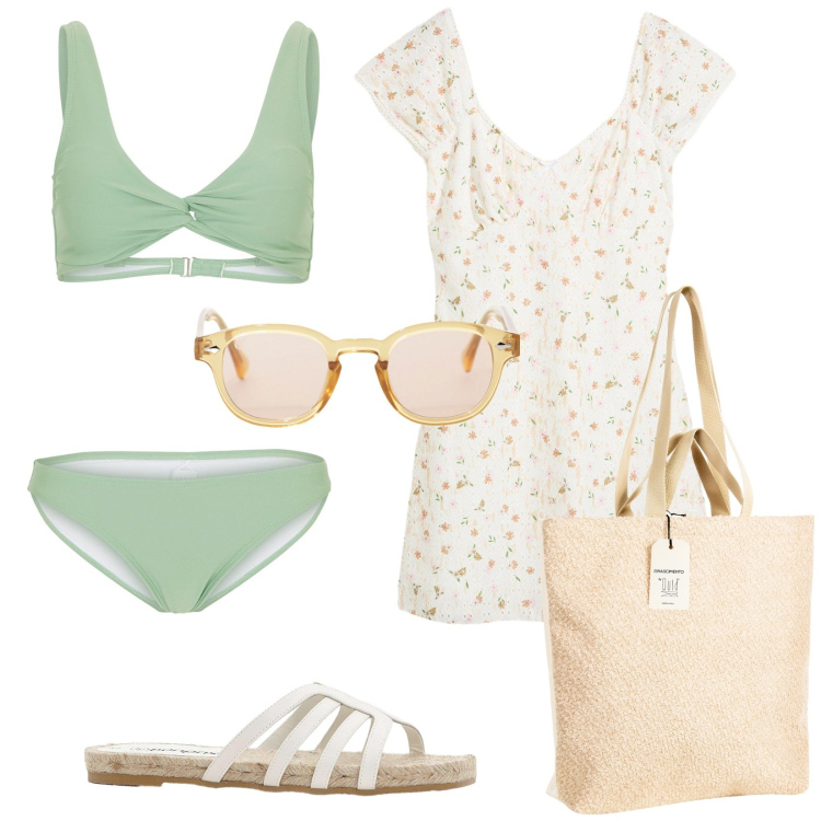 Outfit donna - Colori soft. Stile Romantica per Mare. Abbinamento con bikini, vestiti, ciabatte, borse tote, occhiali da sole.