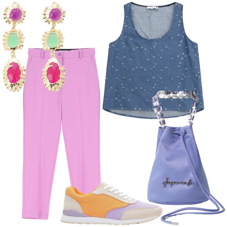 Outfit donna - Macchie di colore. Stile Trendy per Tutti i giorni. Abbinamento con sneakers, pantaloni, top, borse a secchiello, orecchini.