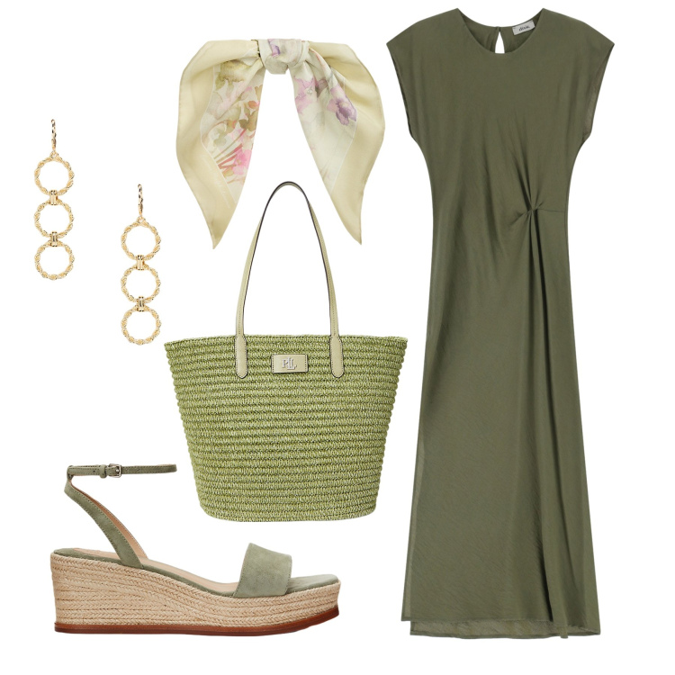 Outfit donna - Estate green di sera. Stile Glamour per Serata fuori. Abbinamento con vestiti lunghi, orecchini, foulard, borse tote, zeppe.