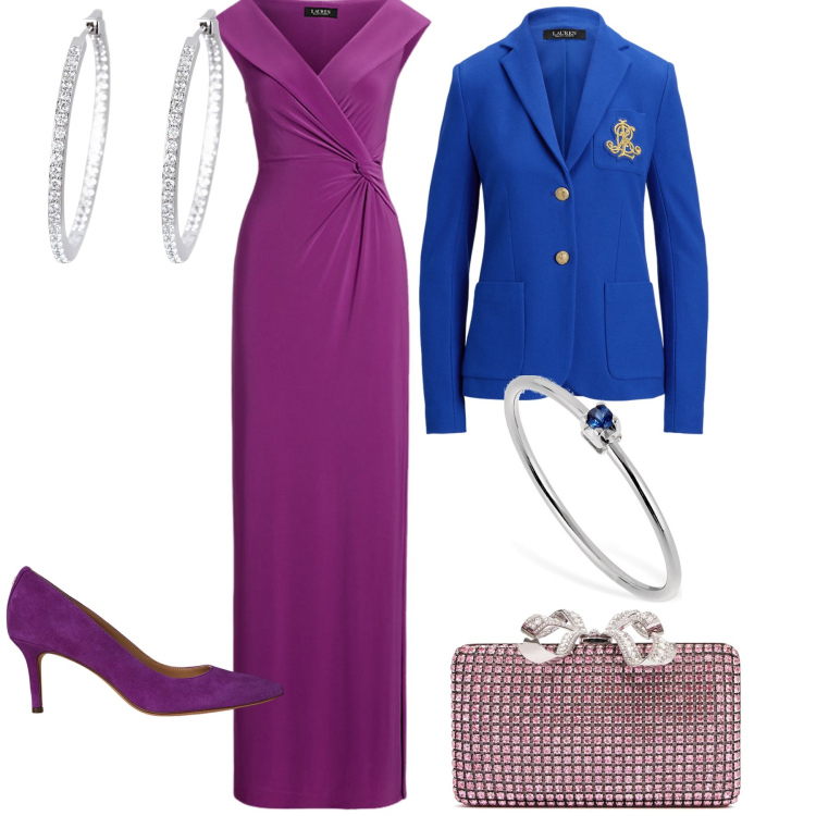 Outfit donna - Al banchetto. Stile Glamour per Serata fuori. Abbinamento con orecchini, décolleté, vestiti lunghi, blazer, anelli, pochette.