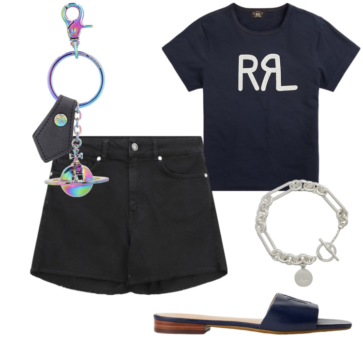 Outfit donna - Sweet Home. Stile Basic per Tutti i giorni. Abbinamento con shorts, braccialetti, t-shirt, ciabatte, portachiavi.