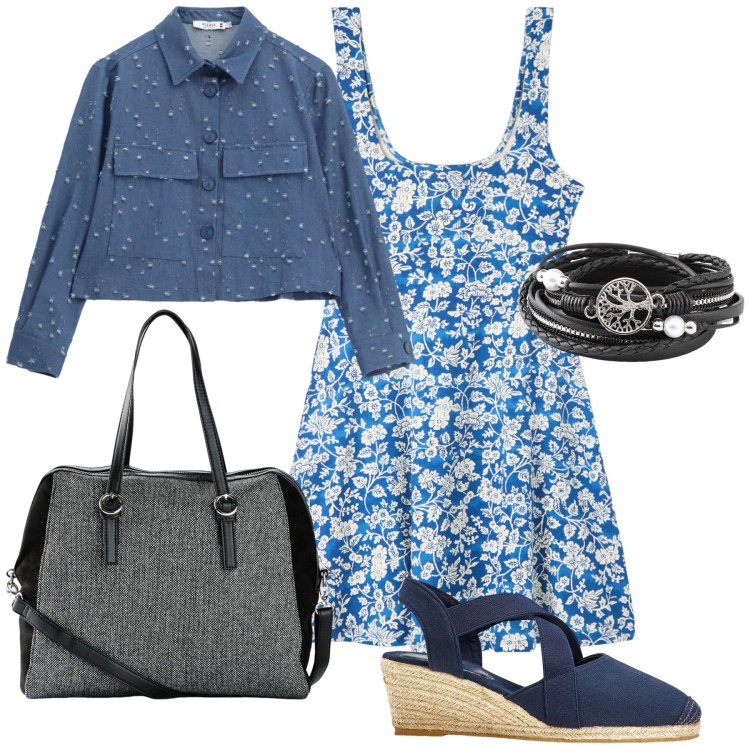 Outfit donna - Pranzo con amica. Stile Trendy per Tutti i giorni. Abbinamento con borse a mano, sandali col tacco, braccialetti, vestiti corti, blazer.