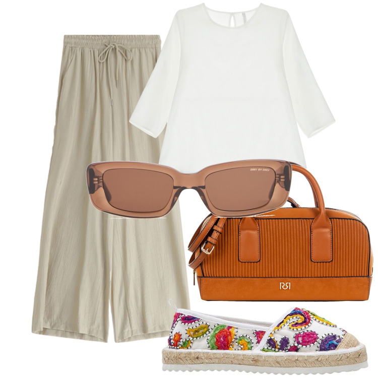 Outfit donna - Città. Stile Urban per Tutti i giorni. Abbinamento con espadrillas, borse a mano, pantaloni, bluse, occhiali da sole.