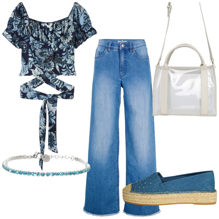 Outfit donna - Un jeans e una blusa. Stile Casual per Tutti i giorni. Abbinamento con jeans, bluse, borse tote, espadrillas, braccialetti.