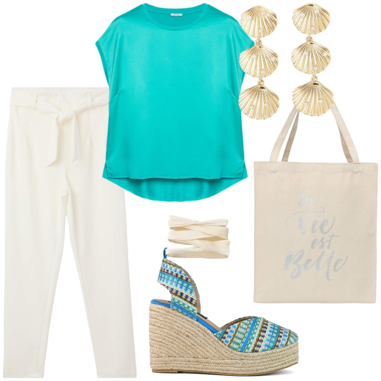 Outfit donna - Tropical vibes. Stile Casual chic per Tutti i giorni. Abbinamento con pantaloni chino, orecchini, borse tote, zeppe, bluse.