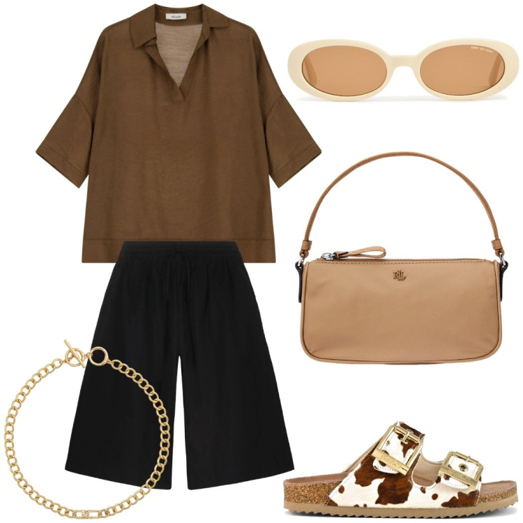 Outfit donna - Casual con stile. Stile Casual chic per Tutti i giorni. Abbinamento con bluse, pochette, collane, bermuda, sandali in pelle, occhiali da sole.