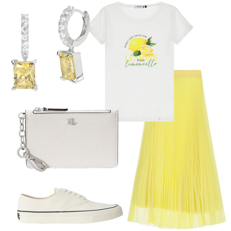 Outfit donna - In vacanza. Stile Casual per Tutti i giorni. Abbinamento con orecchini, t-shirt, gonne lunghe, sneakers, portafogli.