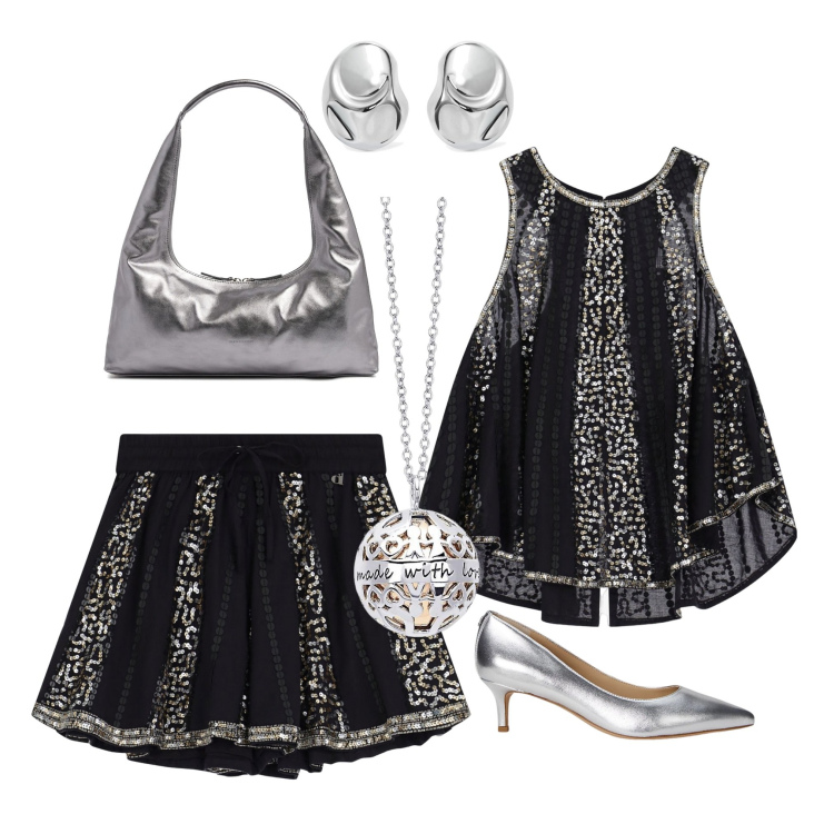 Outfit donna - Serata argentata. Stile Glamour per Serata fuori. Abbinamento con collane, top, shorts, décolleté, borse a spalla, orecchini.