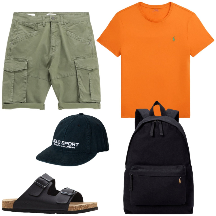 Outfit uomo - Colori solari. Stile Urban per Tutti i giorni. Abbinamento con sandali, bermuda, t-shirt, borse sportive, berretti.
