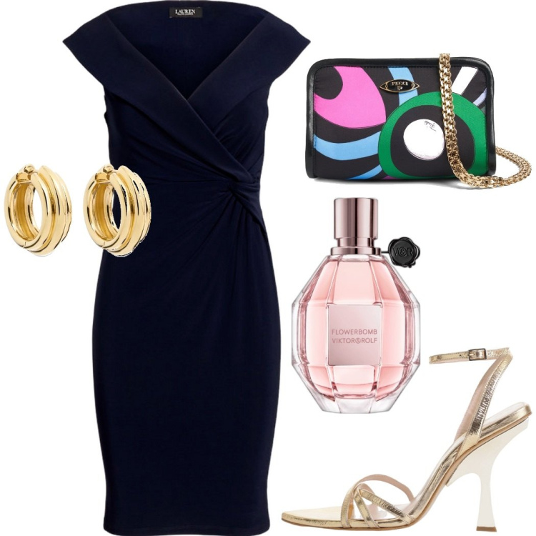 Outfit donna - Il tubino indispensabile. Stile Chic per Serata fuori. Abbinamento con profumi, vestiti, sandali col tacco, orecchini, pochette.