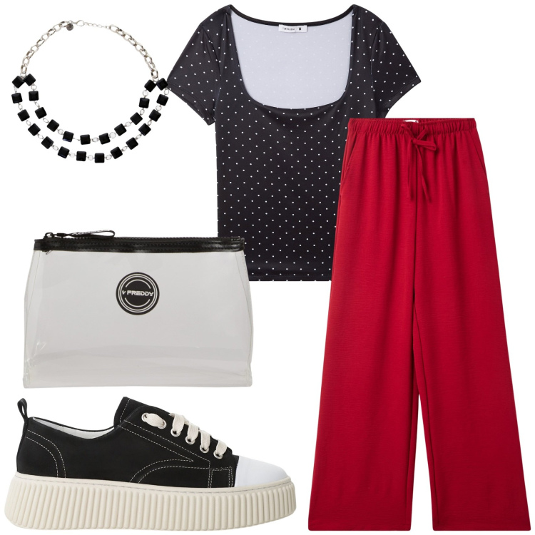 Outfit donna - Pratica in città. Stile Basic per Tutti i giorni. Abbinamento con t-shirt, pantaloni, sneakers, collane, valigie.