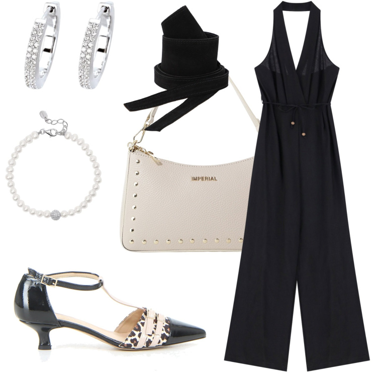 Outfit donna - Jampsuit per la sera. Stile Casual chic per Serata fuori. Abbinamento con braccialetti, orecchini, borse a spalla, tute, cinture, sandali col tacco.