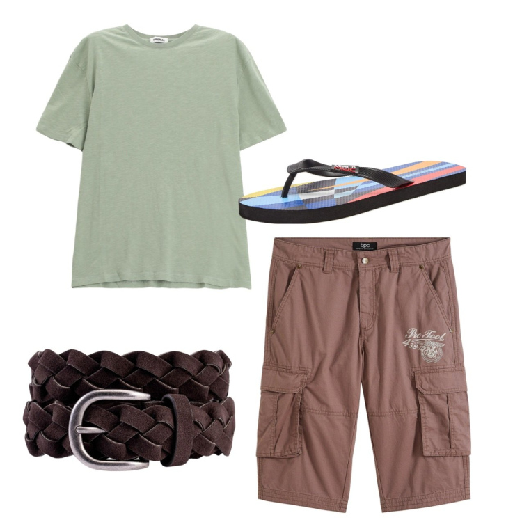 Outfit uomo - In vacanza. Stile Casual per Tutti i giorni. Abbinamento con bermuda, sandali, t-shirt, cinture.