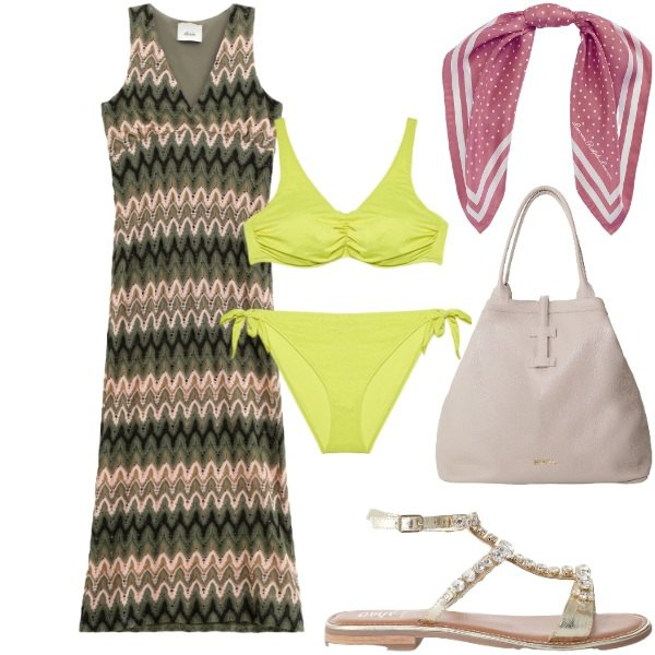 Outfit donna - Città di mare. Stile Boho per Mare. Abbinamento con borse tote, vestiti, sandali, foulard, bikini.