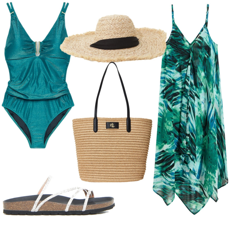 Outfit donna - In costume con carattere. Stile Glamour per Mare. Abbinamento con vestiti da spiaggia, cappelli, borse tote, costumi interi, ciabatte.