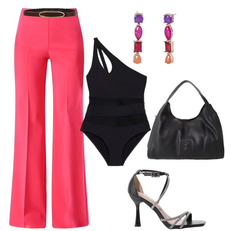 Outfit donna - Metti una sera in costume….. Stile Glamour per Mare. Abbinamento con orecchini, pantaloni a palazzo, sandali col tacco, pochette, cinture, costumi interi.
