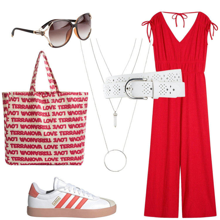 Outfit donna - Jumpsuit fluida da giorno. Stile Casual per Tutti i giorni. Abbinamento con tute, ciondoli, occhiali da sole, cinture, borse tote, sneakers.