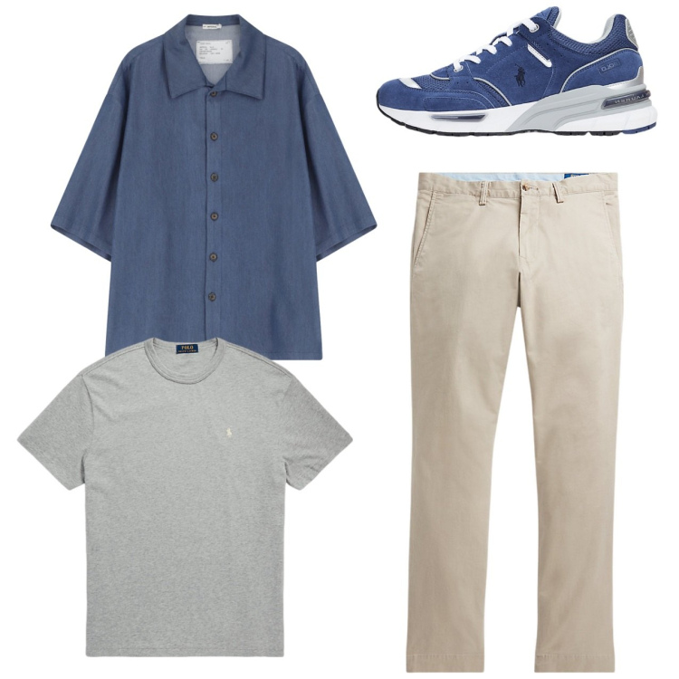 Outfit uomo - Pomeriggio libero. Stile Casual per Tutti i giorni. Abbinamento con camicie a manica corta, pantaloni, t-shirt, sneakers.