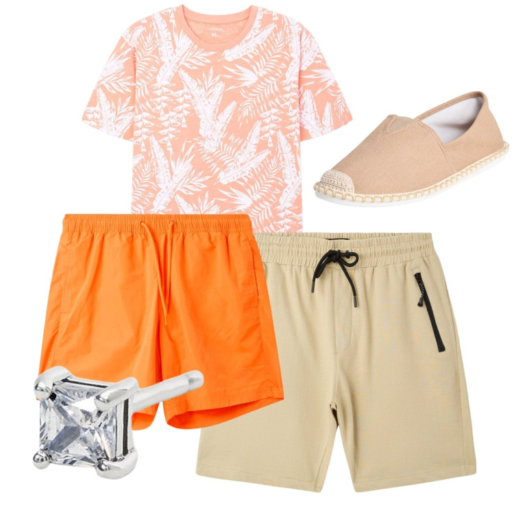 Outfit uomo - Spensierato. Stile Casual per Mare. Abbinamento con bermuda, espadrillas, costumi, t-shirt, orecchini.
