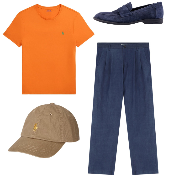 Outfit uomo - Tra amici. Stile Casual per Tutti i giorni. Abbinamento con pantaloni, t-shirt, cappelli, scarpe stringate.