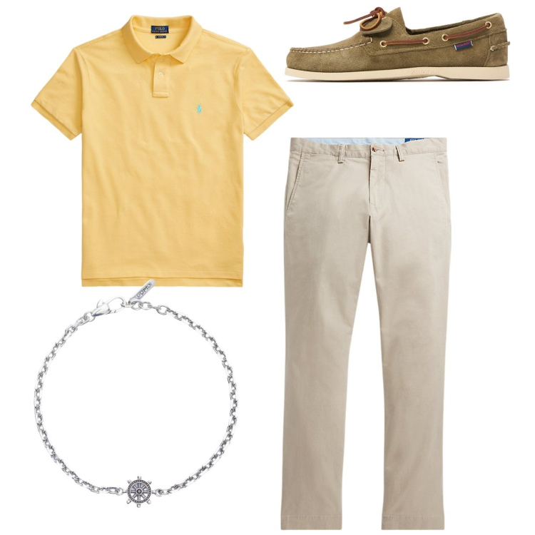 Outfit uomo - Lungomare. Stile Casual per Tutti i giorni. Abbinamento con braccialetti, pantaloni, polo, scarpe stringate.