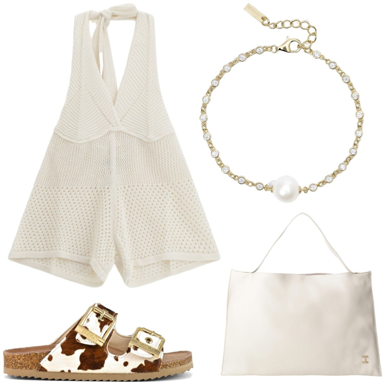 Outfit donna - Playsuit a luglio. Stile Trendy per Tutti i giorni. Abbinamento con braccialetti, borse a spalla, tute, sandali in pelle.