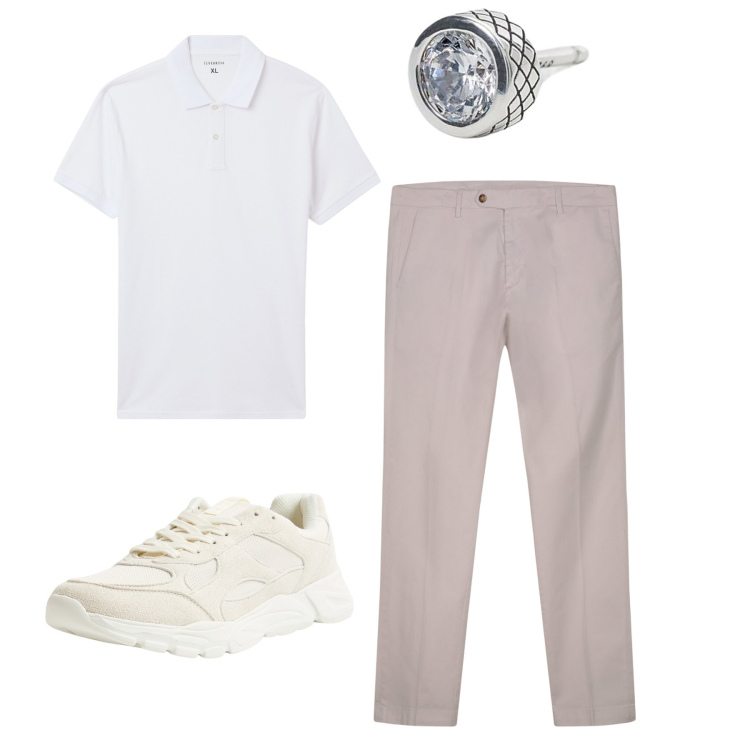 Outfit uomo - White. Stile Casual per Tutti i giorni. Abbinamento con polo, sneakers, orecchini, pantaloni chino.