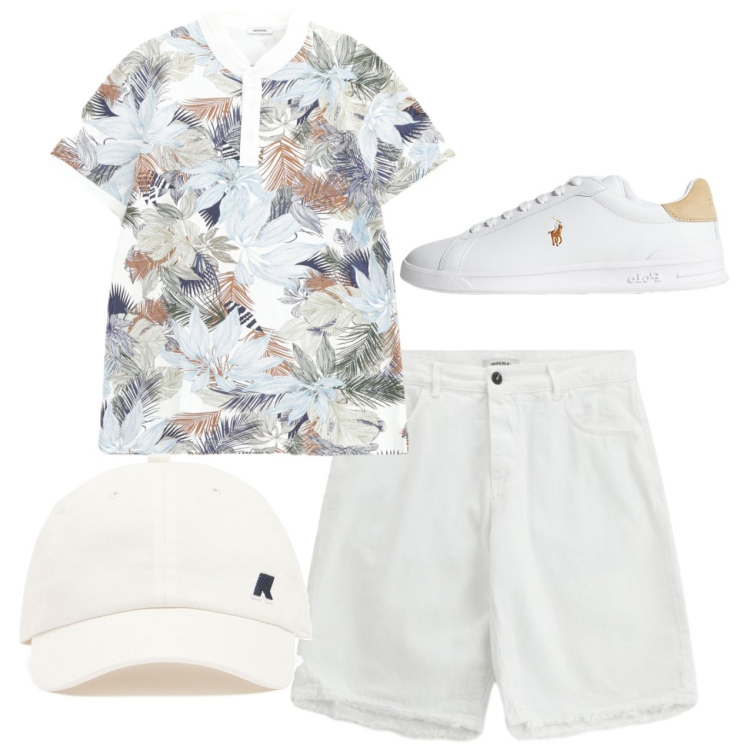 Outfit uomo - La partita. Stile Casual per Tutti i giorni. Abbinamento con bermuda, polo, sneakers, cappelli.