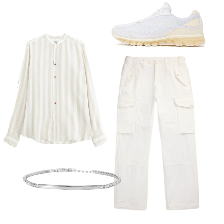 Outfit uomo - Estate bianca. Stile Casual per Tutti i giorni. Abbinamento con braccialetti, camicie, pantaloni cargo, sneakers.