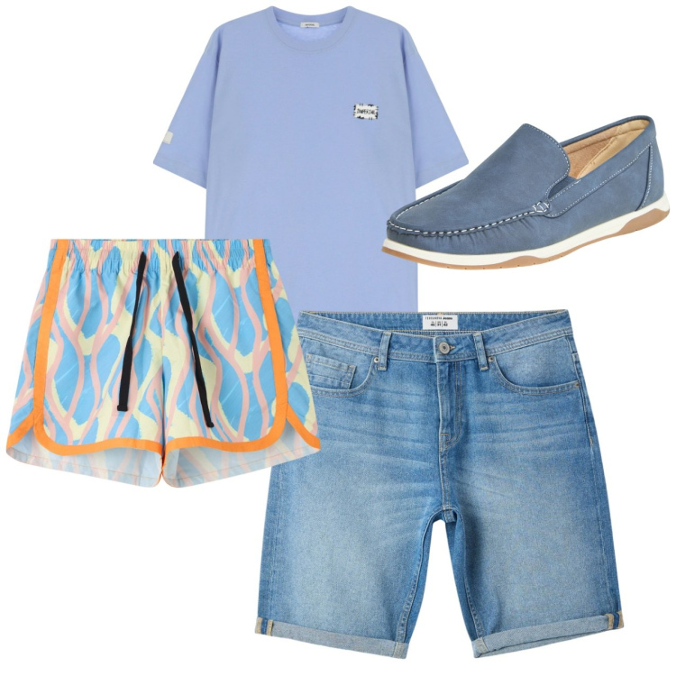 Outfit uomo - Spiaggia e lungomare. Stile Casual per Tutti i giorni. Abbinamento con scarpe stringate, bermuda, costumi, t-shirt.