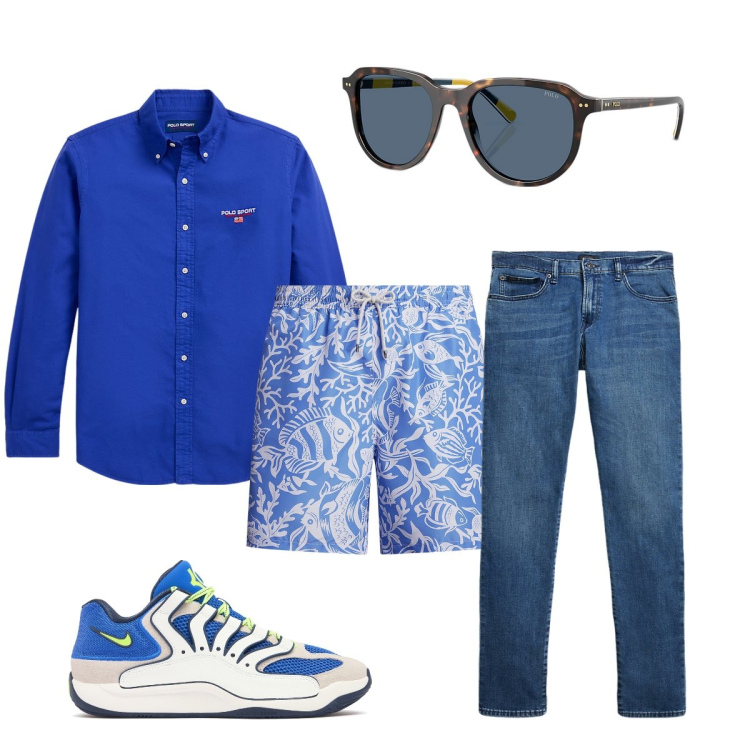 Outfit uomo - Dalla spiaggia al bar. Stile Trendy per Mare. Abbinamento con jeans, occhiali da sole, camicie, costumi, sneakers.