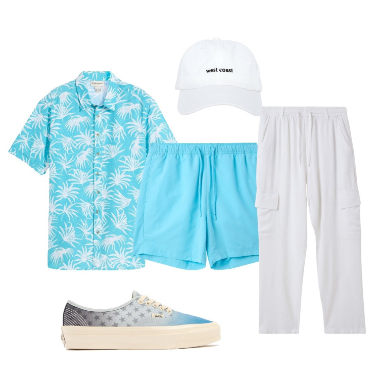 Outfit uomo - Mi aspettano al bar della spiaggia. Stile Trendy per Mare. Abbinamento con camicie a manica corta, cappelli, pantaloni cargo, costumi, sneakers.