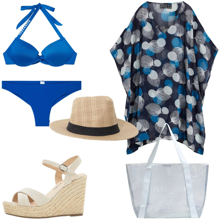 Outfit donna - In costume con carattere contest. Stile Bon Ton per Mare. Abbinamento con sandali, vestiti da spiaggia, bikini, bikini, shopping bag, cappelli.