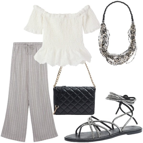 Outfit donna - A cena fuori. Stile Casual chic per Serata fuori. Abbinamento con bluse, sandali alla schiava, pantaloni, borse a tracolla, collane.