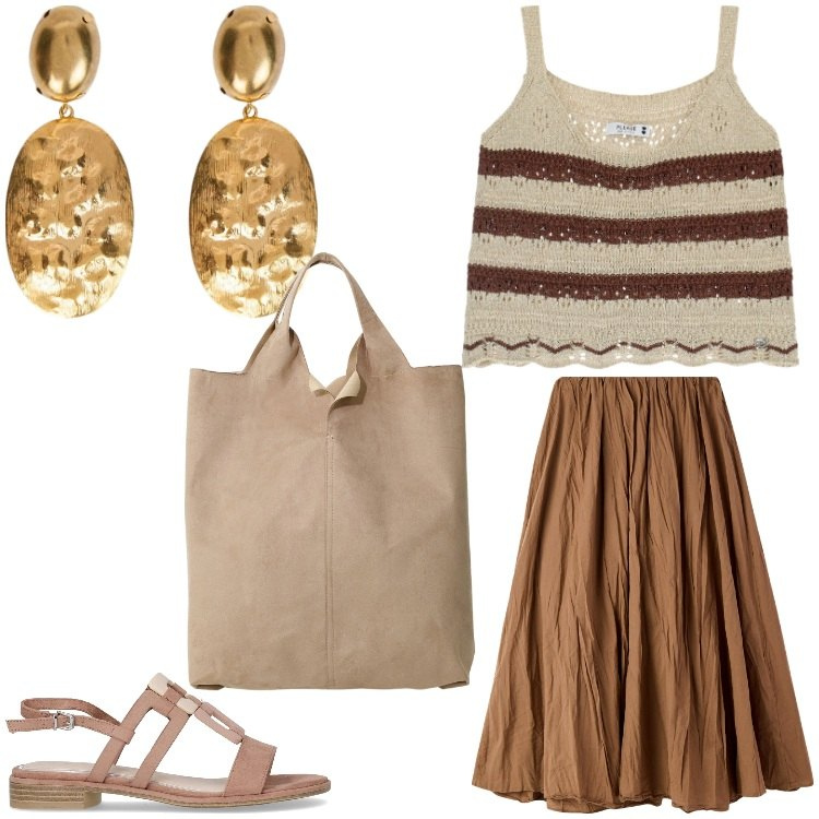 Outfit donna - Istanbul. Stile Boho per Tutti i giorni. Abbinamento con gonne lunghe, top, shopping bag, orecchini, sandali.