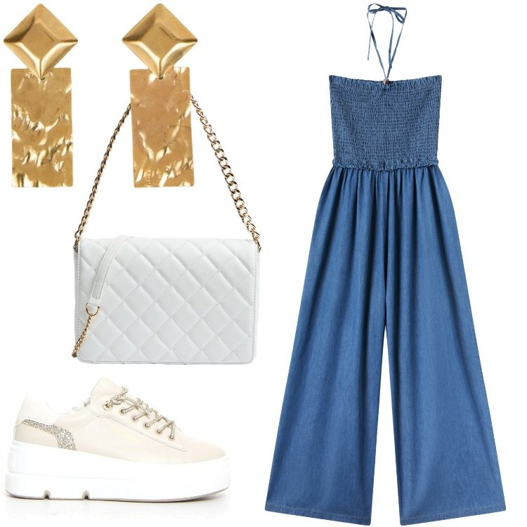Outfit donna - Jumpsuit da sera. Stile Sporty chic per Serata fuori. Abbinamento con tute, borse a tracolla, sneakers, orecchini.