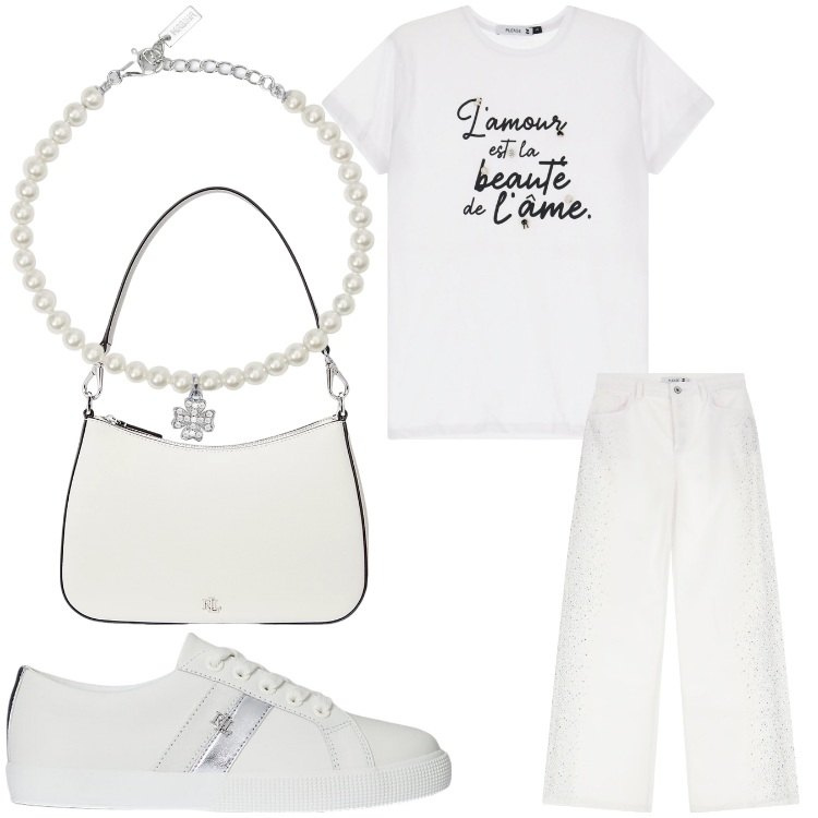Outfit donna - Serata T- shirt. Stile Sporty chic per Serata fuori. Abbinamento con braccialetti con ciondoli, t-shirt, pantaloni, sneakers, borse a spalla.