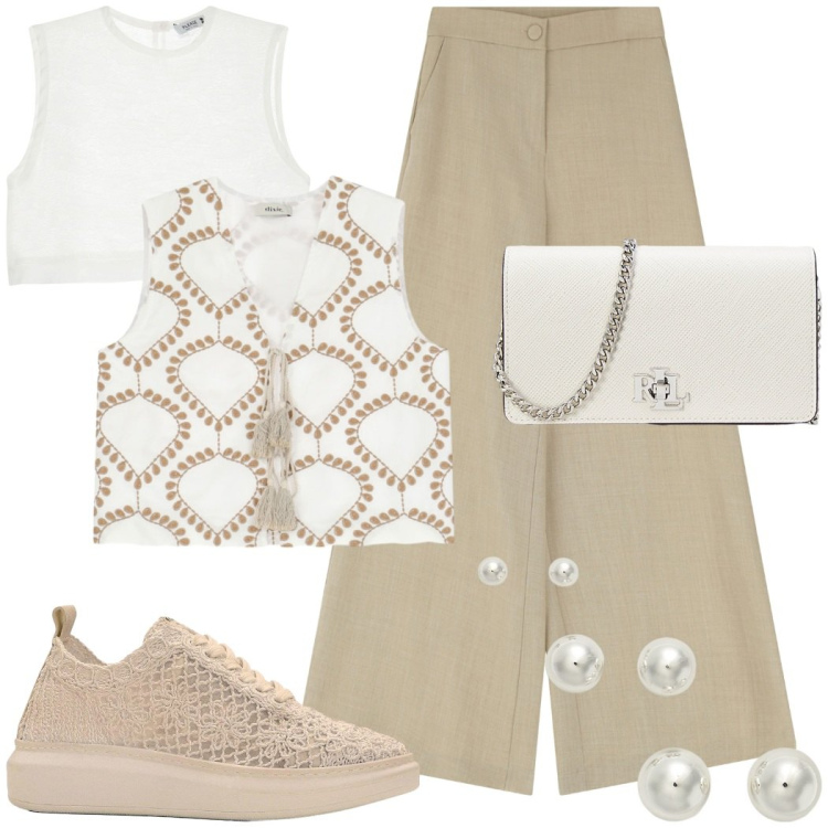 Outfit donna - Toni neutri per l\'estate. Stile Casual chic per Tutti i giorni. Abbinamento con sneakers, top, pantaloni, gilet, orecchini, borse a tracolla.