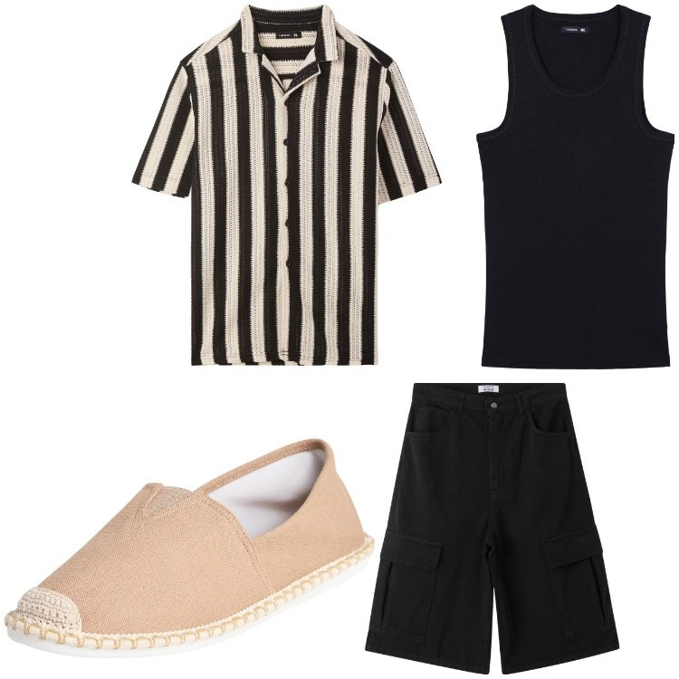 Outfit uomo - In riga. Stile Casual per Tutti i giorni. Abbinamento con espadrillas, camicie a manica corta, canottiere, bermuda.