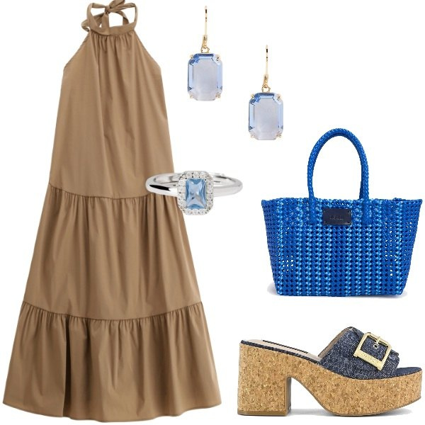 Outfit donna - Le serate di Luglio. Stile Casual chic per Serata fuori. Abbinamento con anelli, vestiti midi/longuette, orecchini, sandali, shopping bag.